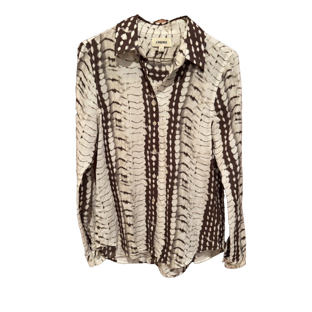 L'Agence Animal Print Blouse XS Neutral Button Front Quiet Luxury Designer Top
